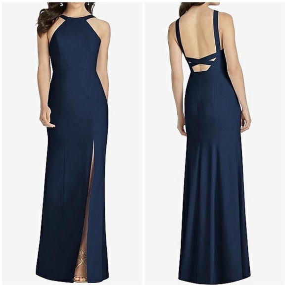 NWT Dessy Collection High Halter Neck Open Back Crepe Gown Dress Midnight Blue - Picture 1 of 12
